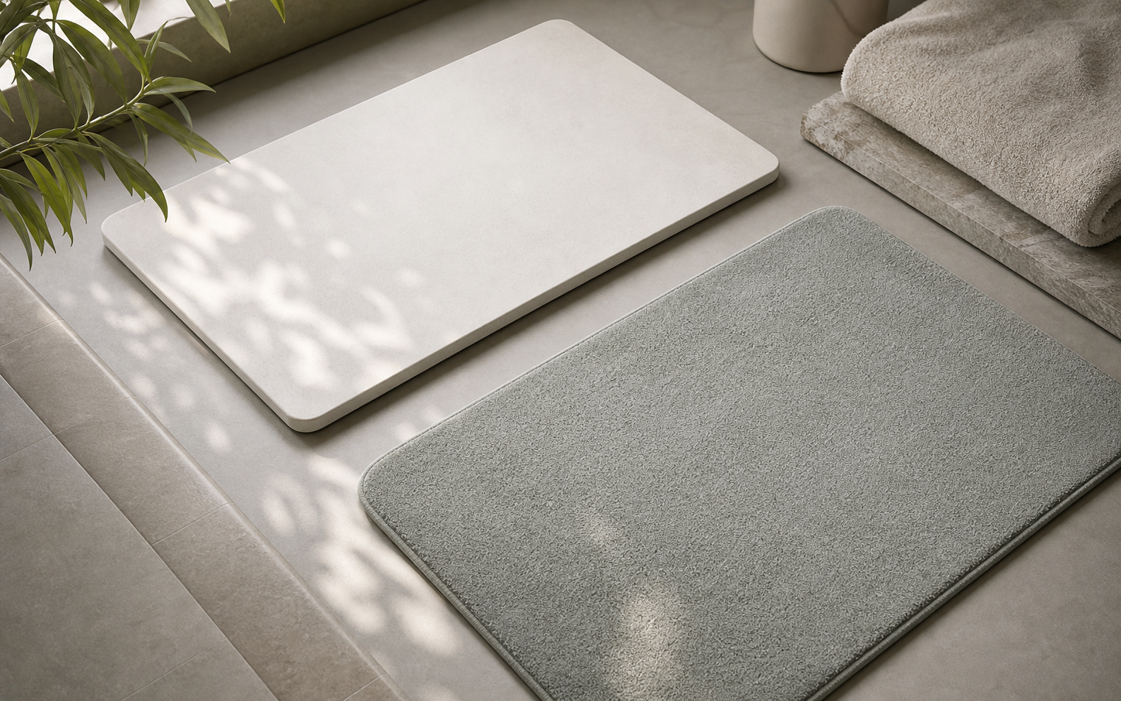 Clean unbranded hard stone and soft diatomite bath mats in a premium product-photo setting